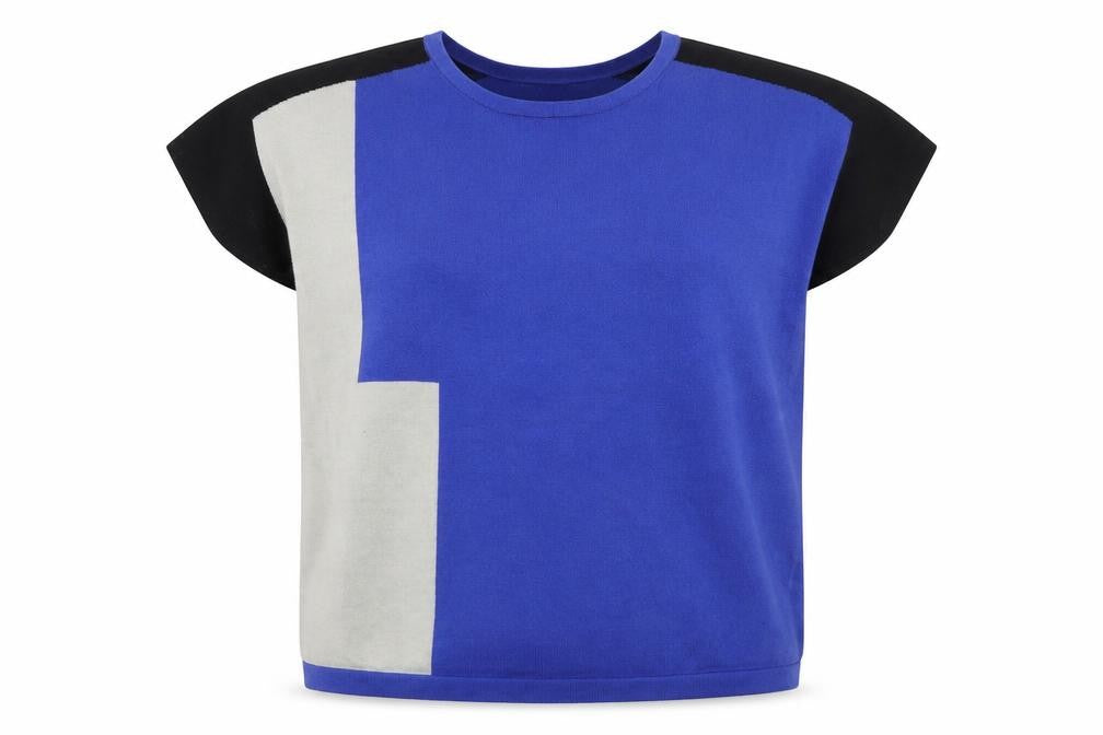 Front view of mamas & papas Women's Blue Geometric Knit Short Sleeve Jumper, size 10