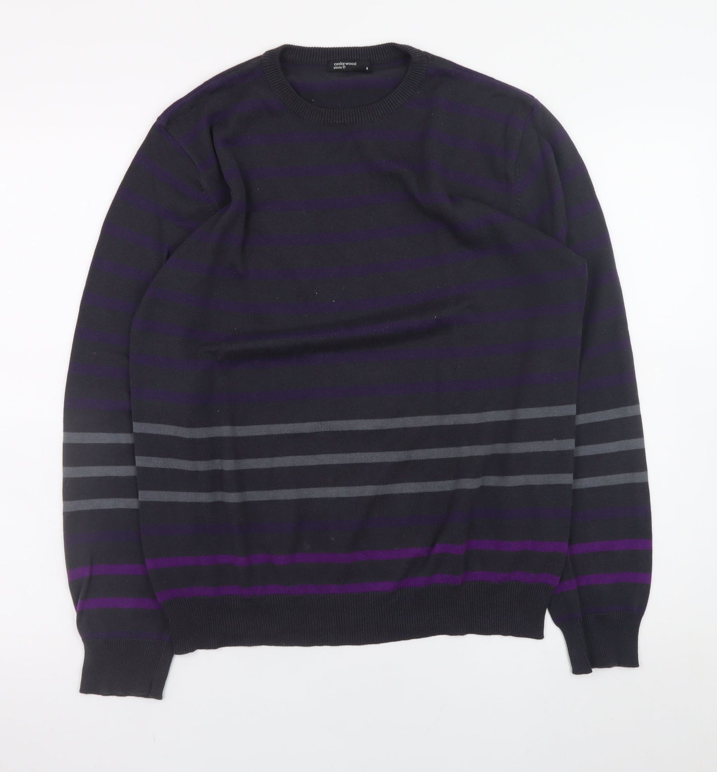 Cedarwood State Women Black Striped Cotton Crew Neck Jumper Size S