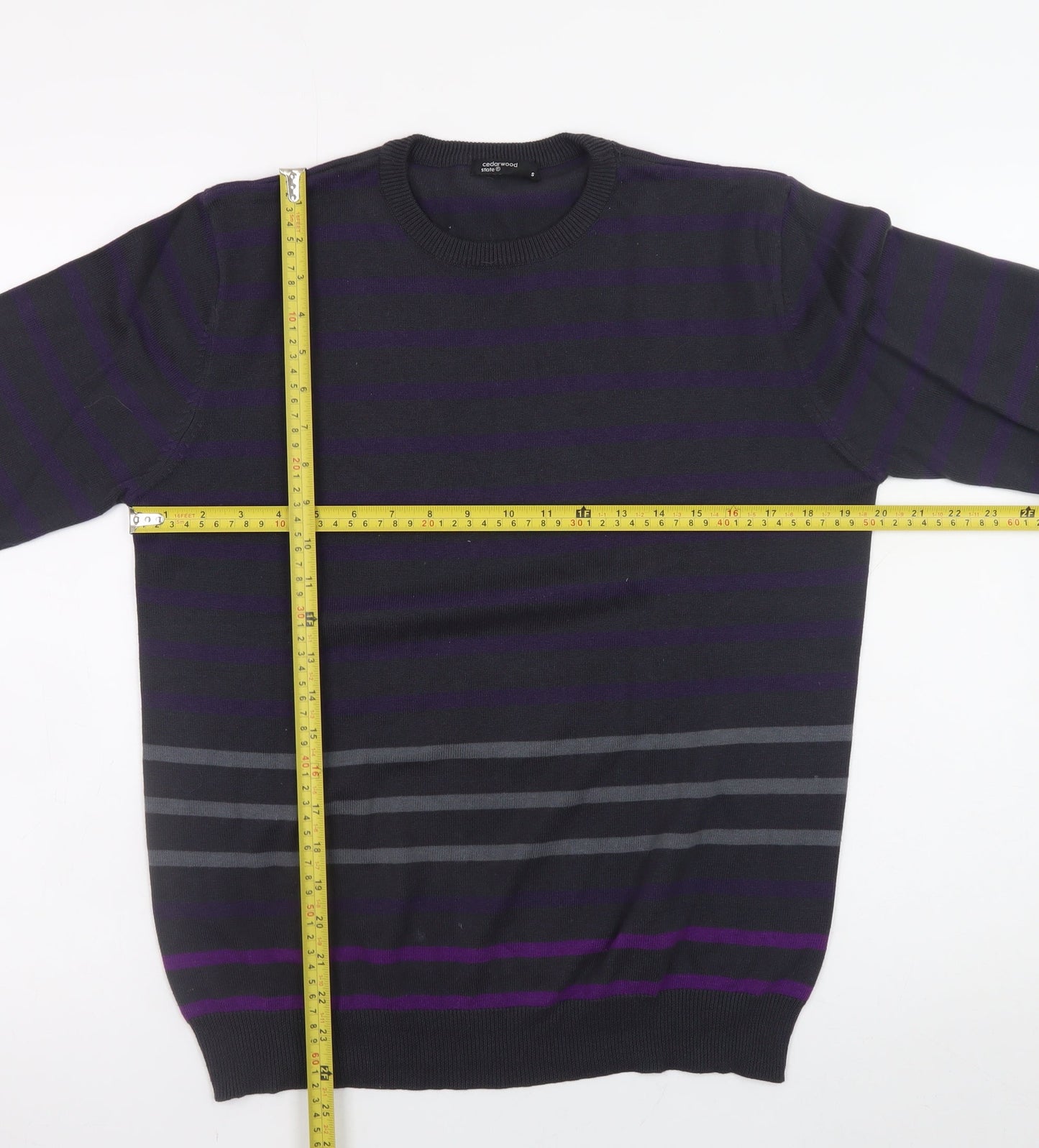 Cedarwood State Women Black Striped Cotton Crew Neck Jumper Size S