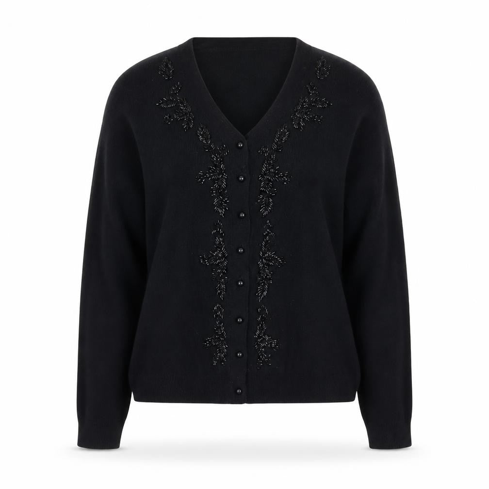 Laura Ashley Women's Black Wool Beaded V-Neck Cardigan Size L
