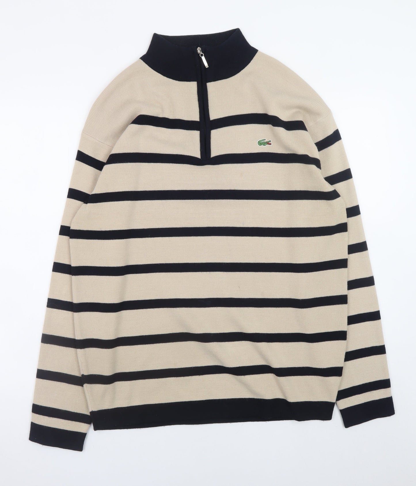 Lacoste Men Beige Striped 1/2 Zip High Neck Acrylic Jumper L
