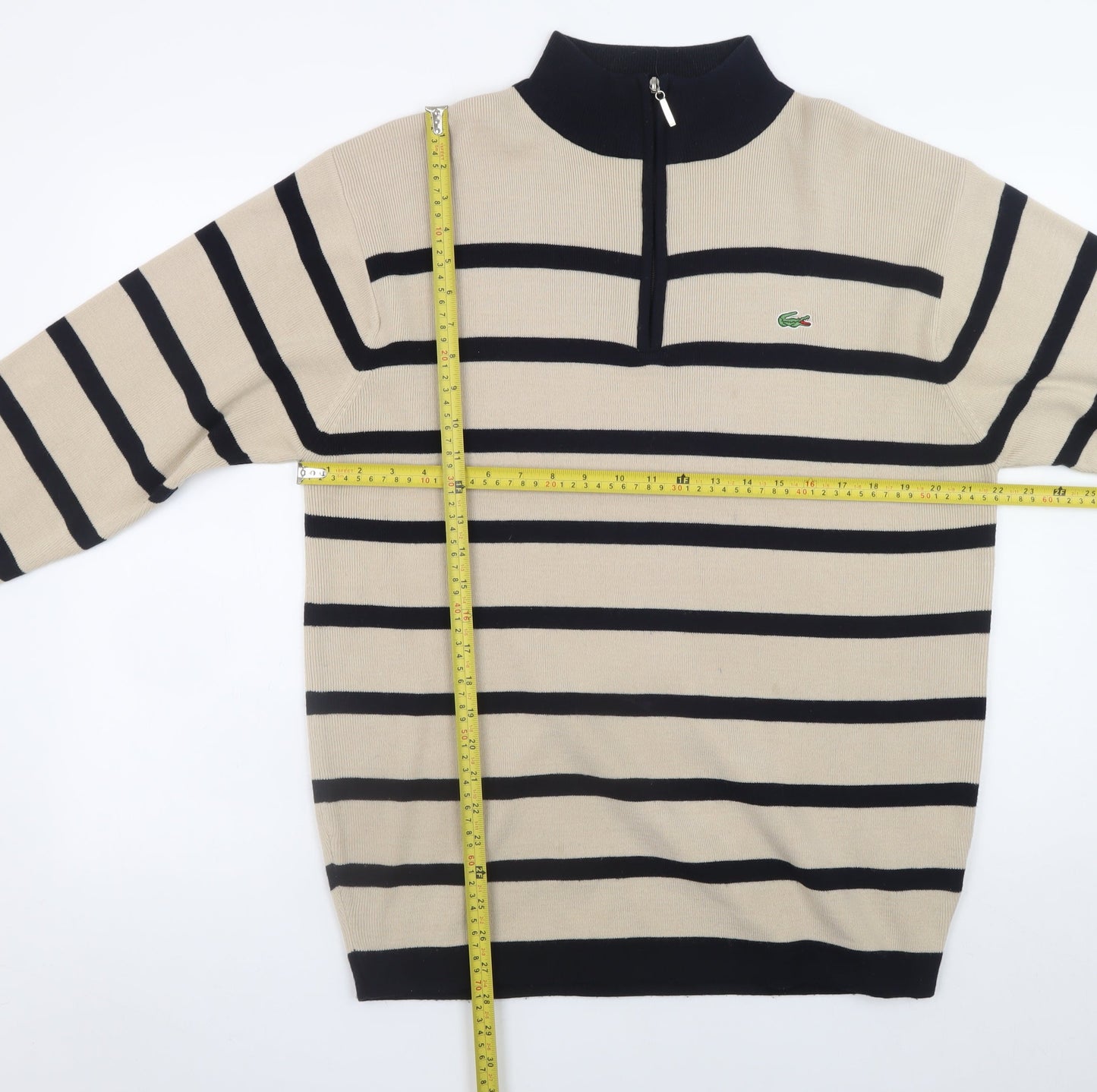 Lacoste Men Beige Striped 1/2 Zip High Neck Acrylic Jumper L