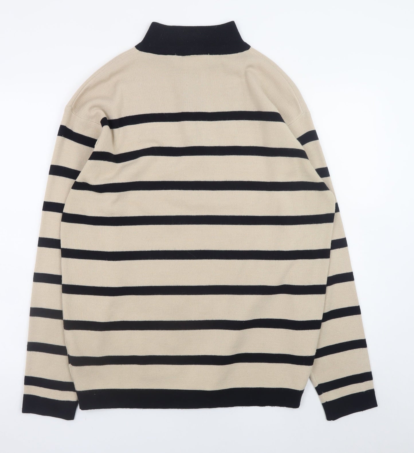 Lacoste Men Beige Striped 1/2 Zip High Neck Acrylic Jumper L