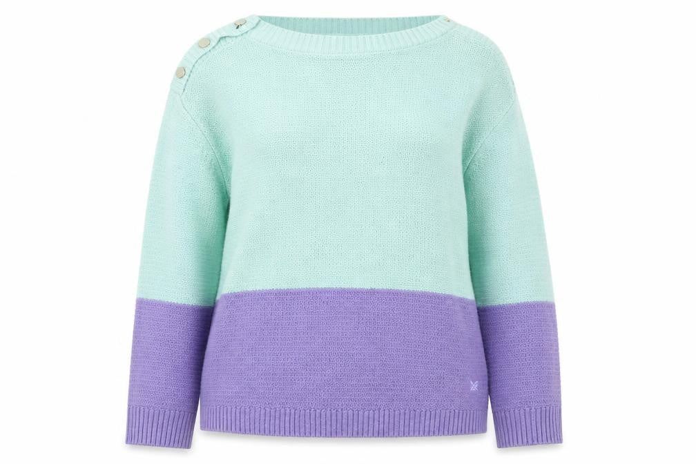 Front view of Crew Clothing Mint & Lilac Button Shoulder Jumper, size 12