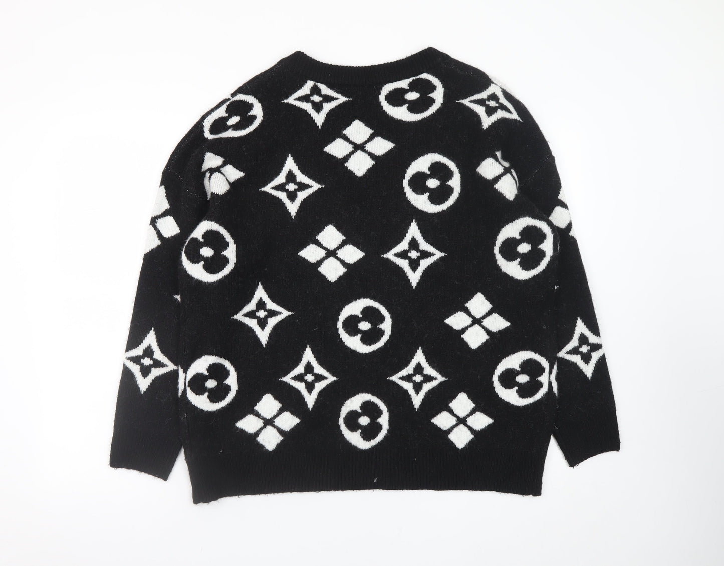 Enzoria Women’s Black V-Neck Geometric Knit Jumper One Size