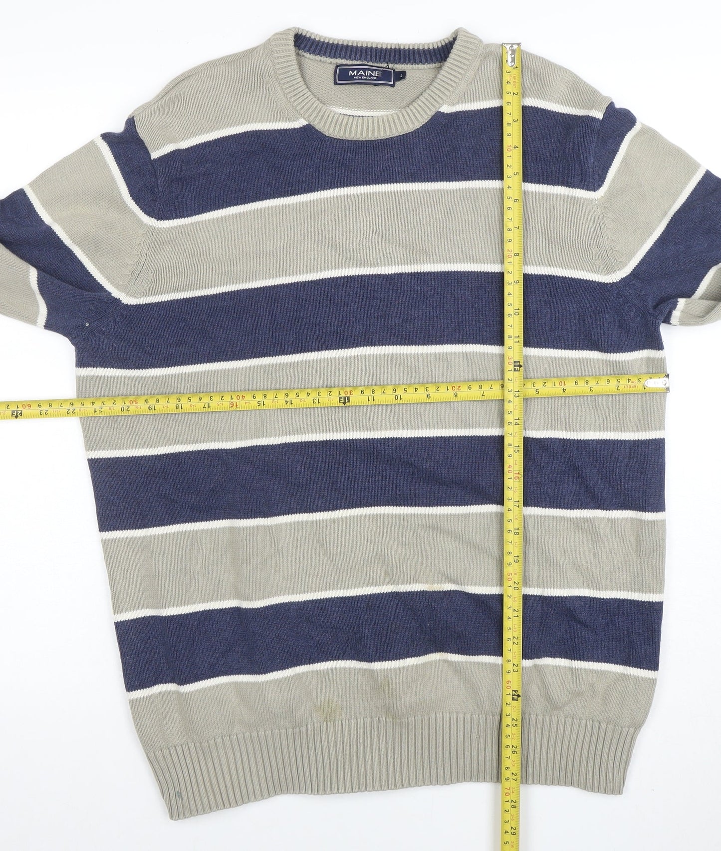 Maine New England Mens Blue Striped Cotton Crew Neck Jumper L