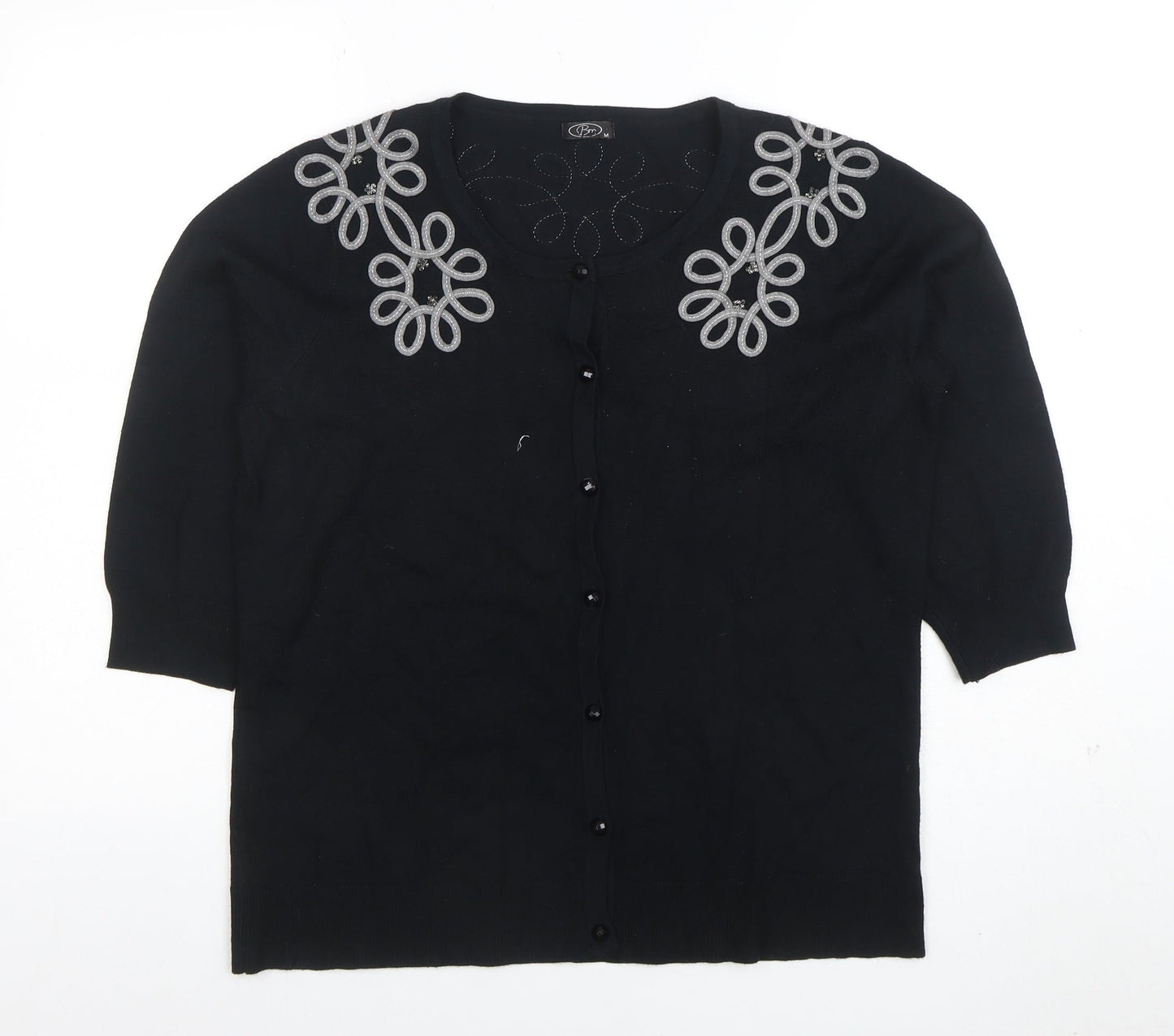 BM Women's Black Embroidered 3/4 Sleeve Cardigan M