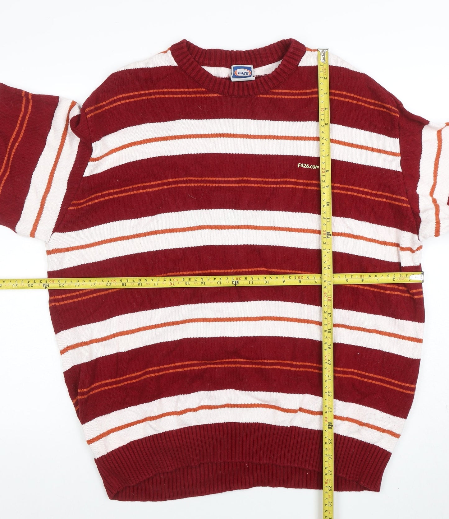 F426 Men's Red Striped Crew Neck Pullover Jumper Size M