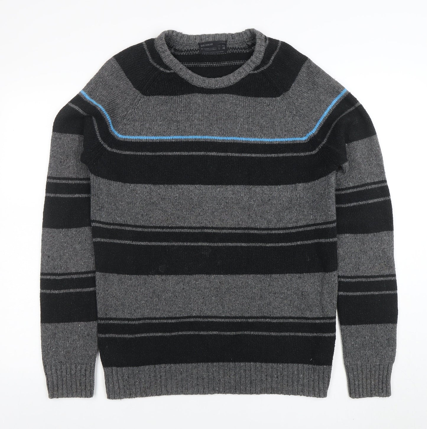 PULL & BEAR Mens Grey Striped Crew Neck Cotton Blend Jumper L