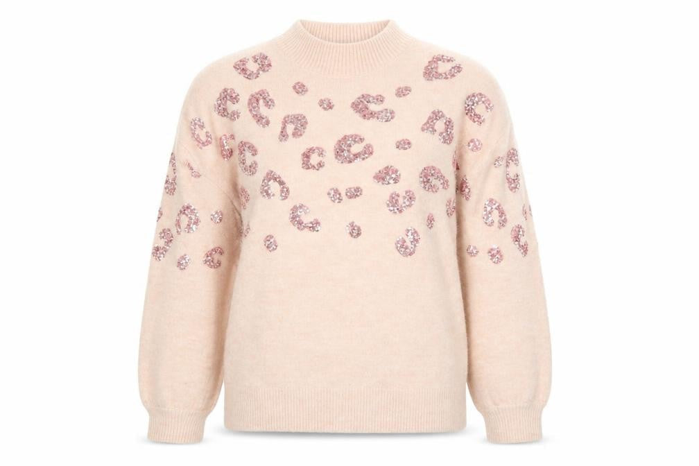 New Look Womens Pink Sequin Leopard Knit Mock Neck Jumper Size S