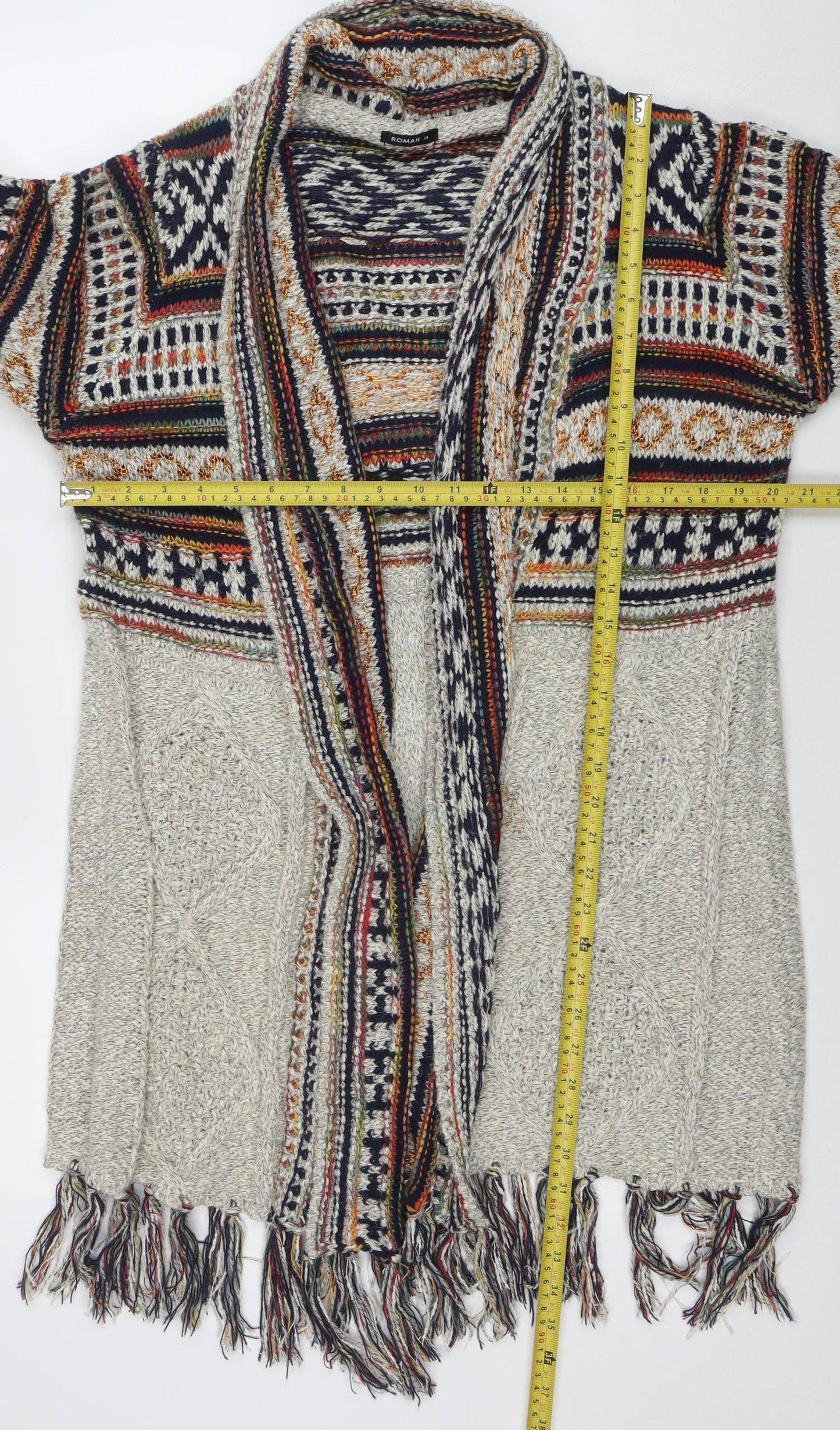 Roman Women’s Grey Fair Isle Knit Fringe Cardigan Size 14