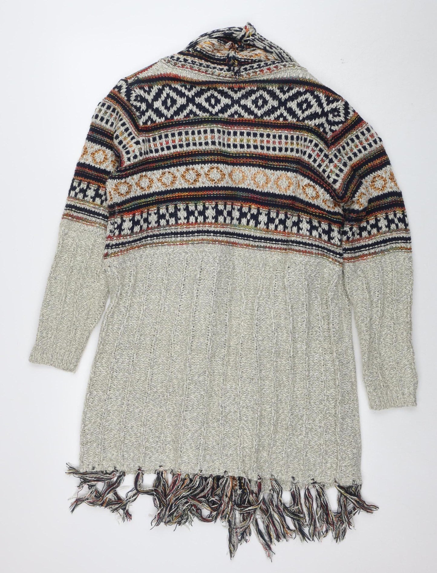 Roman Women’s Grey Fair Isle Knit Fringe Cardigan Size 14