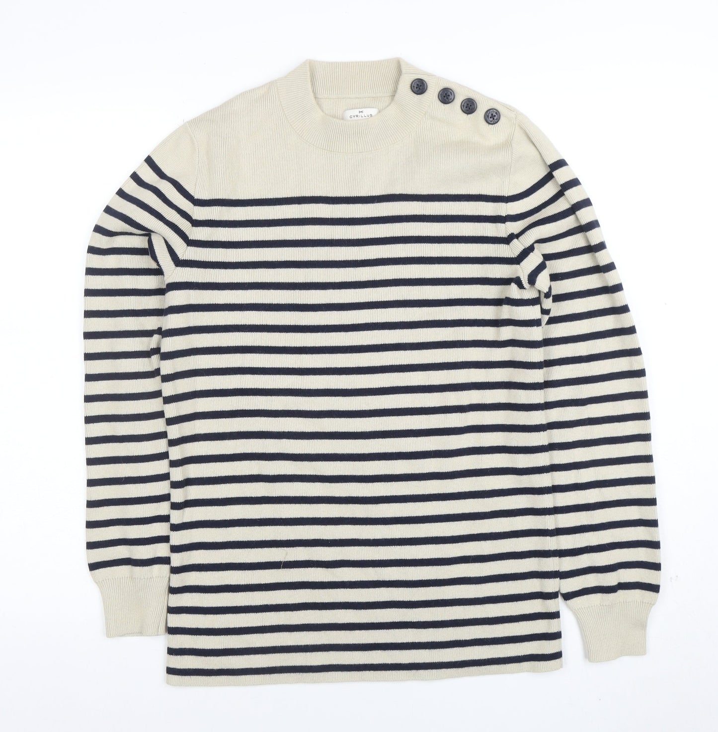 Cyrillus Women Beige Striped Crew Neck Button Shoulder Jumper Size S