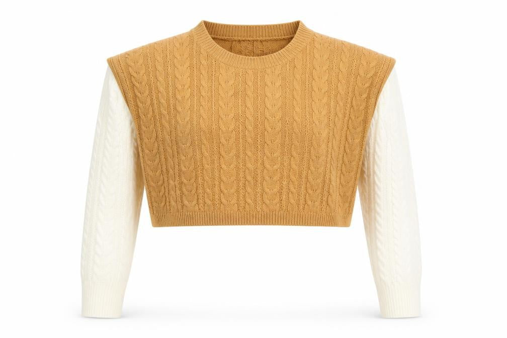 Brave Soul Women Camel & Cream Cable-Knit Cropped Jumper Size S