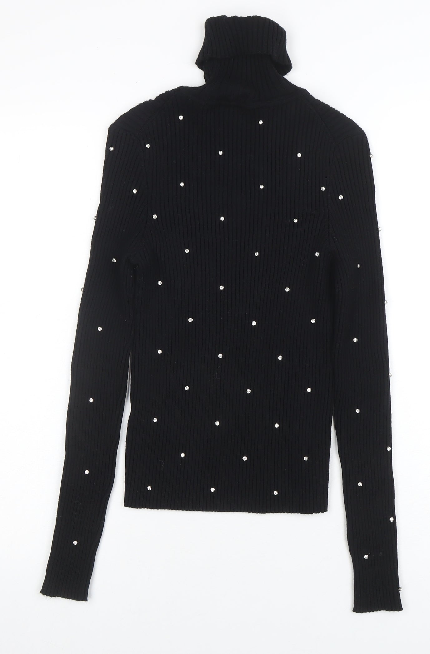 ZARA Women Black Beaded Roll Neck Ribbed Knit Jumper Size M
