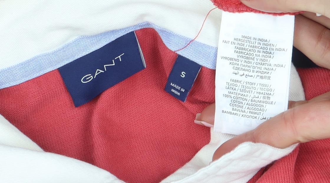 Gant Men's Red & Navy Long Sleeve Cotton Polo Shirt Size S