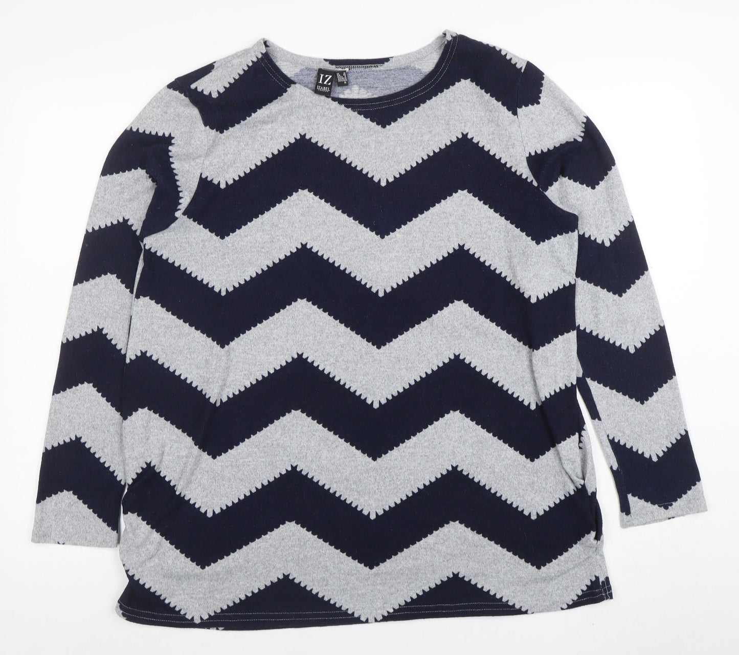 Izabel London Women's Blue Grey Chevron Knit Long Sleeve Top Size 10