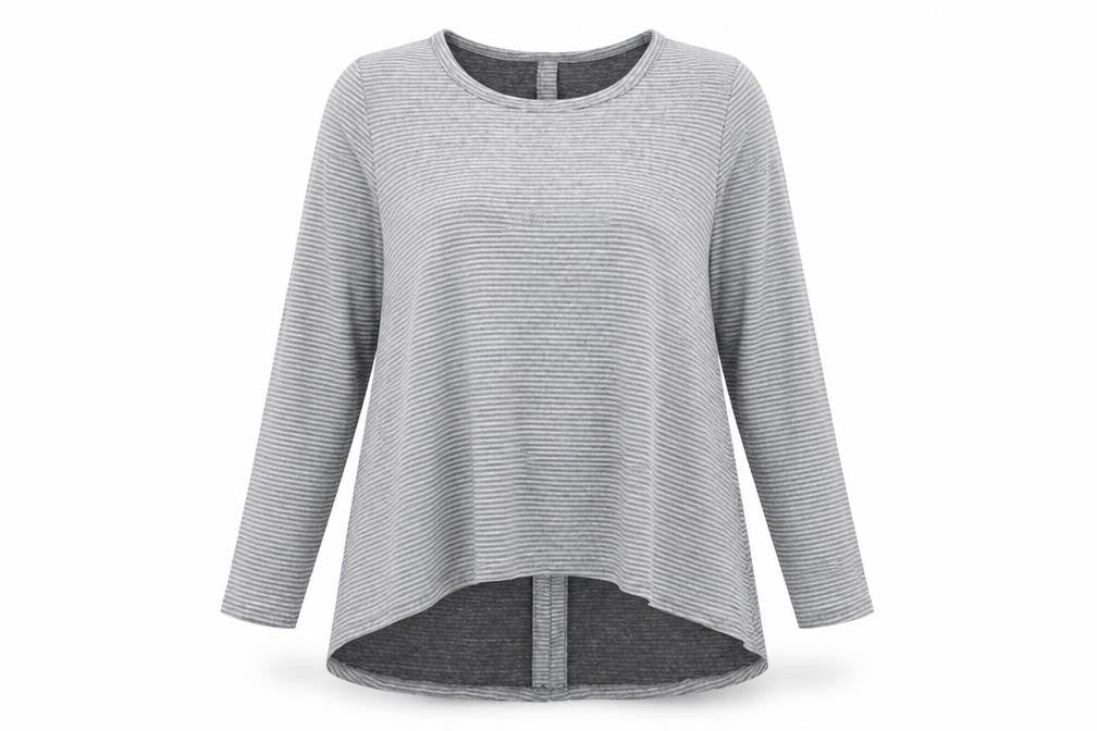 Front view of COIN 1804 women’s grey striped long sleeve jersey t-shirt, size M