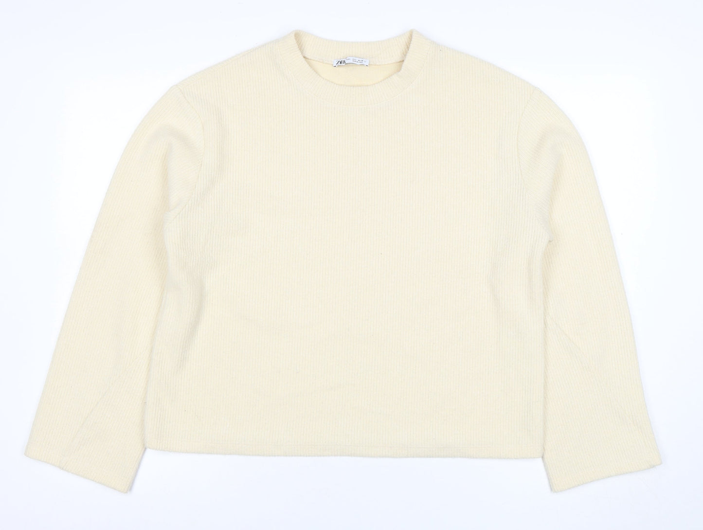 ZARA Womens Beige Ribbed Pullover Sweatshirt Size M Classic Fit