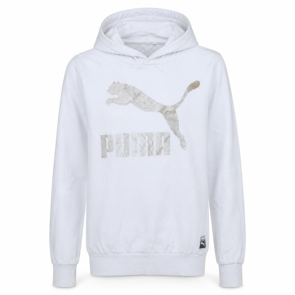Front view of Puma Women's White L Pullover Hoodie with Logo Print