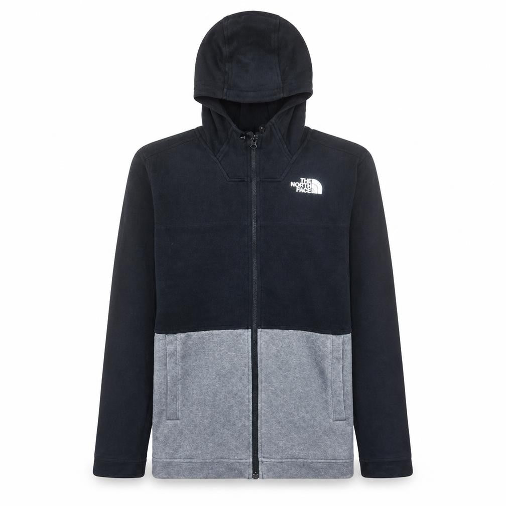 Front view of The North Face boys’ black grey full zip hoodie, size L, fleece lined