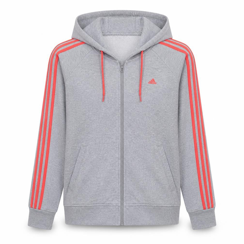 Front view of Adidas women’s grey full zip hoodie, size M, 12-14 climalite