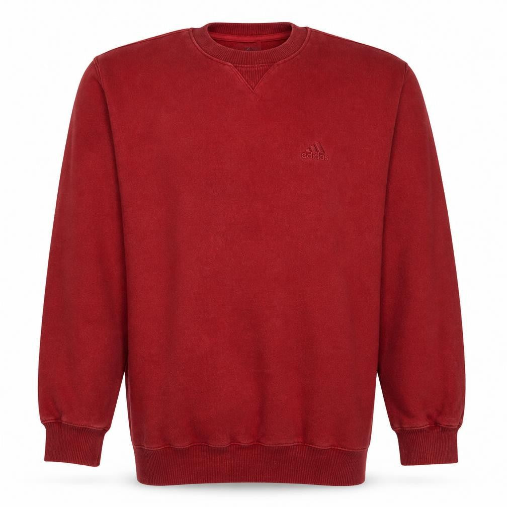 Front view of Adidas men’s red crew neck pullover sweatshirt, size L, regular fit