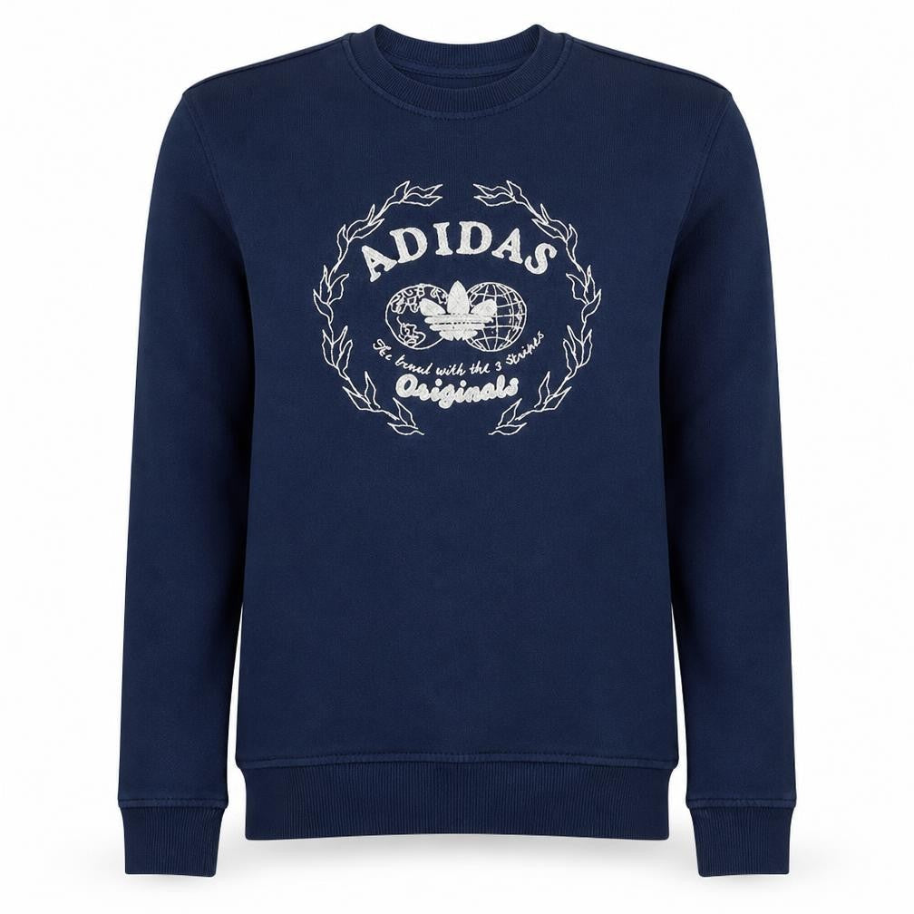 Front view of Adidas men’s blue crew neck pullover sweatshirt xs regular fit