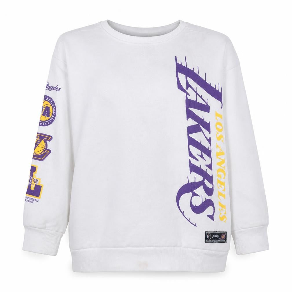 Front view of NBA girls’ white los angeles lakers graphic pullover sweatshirt 11-12 years
