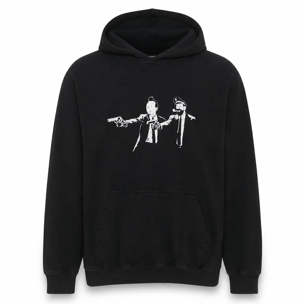 Front view of Just Hoods men’s black xl pullover hoodie with graphic print
