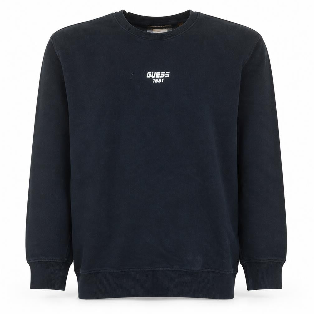 Front view of Guess Men's Black Crew Neck Logo Sweatshirt, size M