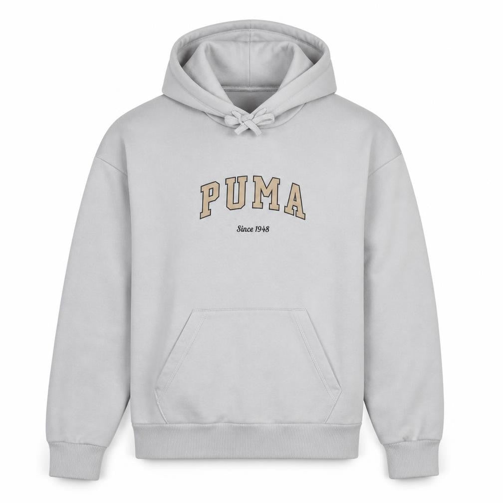 Front view of Puma Women's White Pullover Hoodie, size M, Logo Fleece Sweatshirt