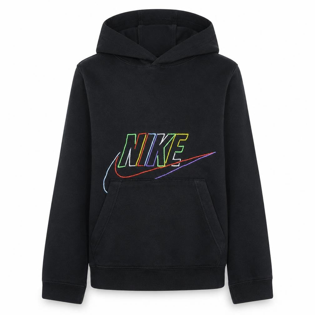 Front view of Nike boys’ black pullover hoodie l logo fleece sweatshirt