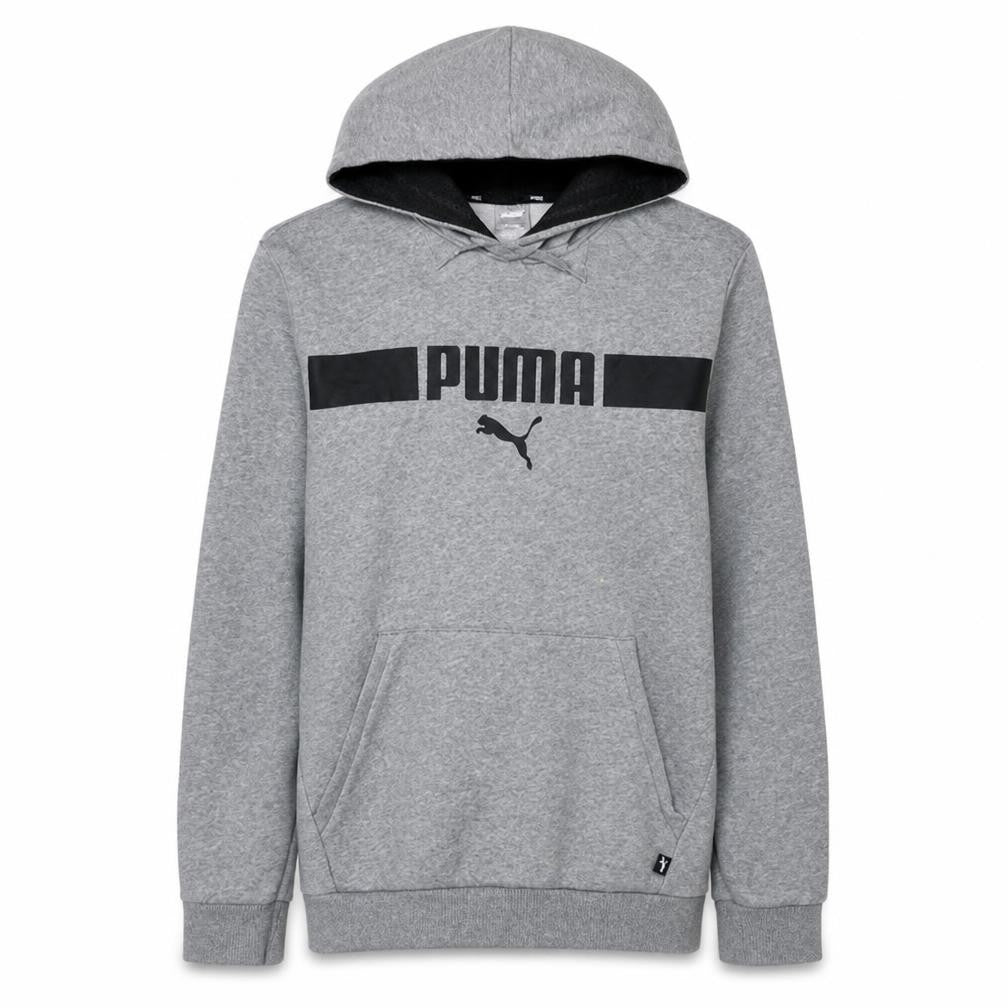 Front view of Puma men’s grey pullover hoodie m regular fit sportswear