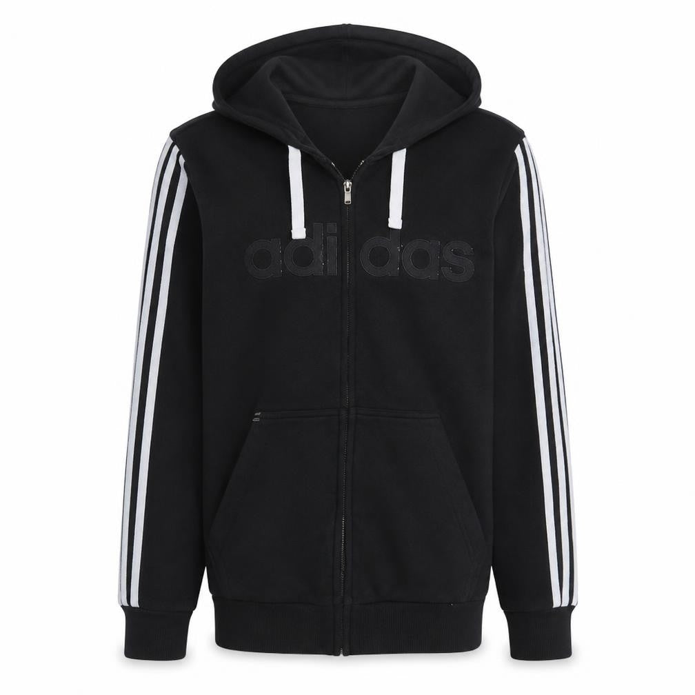 Front view of Adidas Men's Black Full Zip Hoodie Medium Logo Fleece Sweatshirt