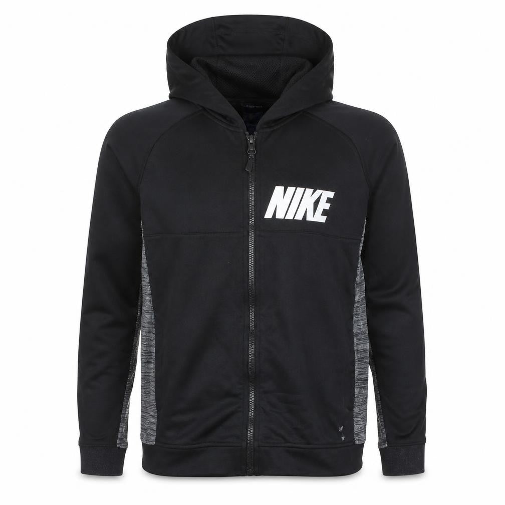 Front view of Nike boys’ black full zip hoodie 13-15 years sportswear sweatshirt
