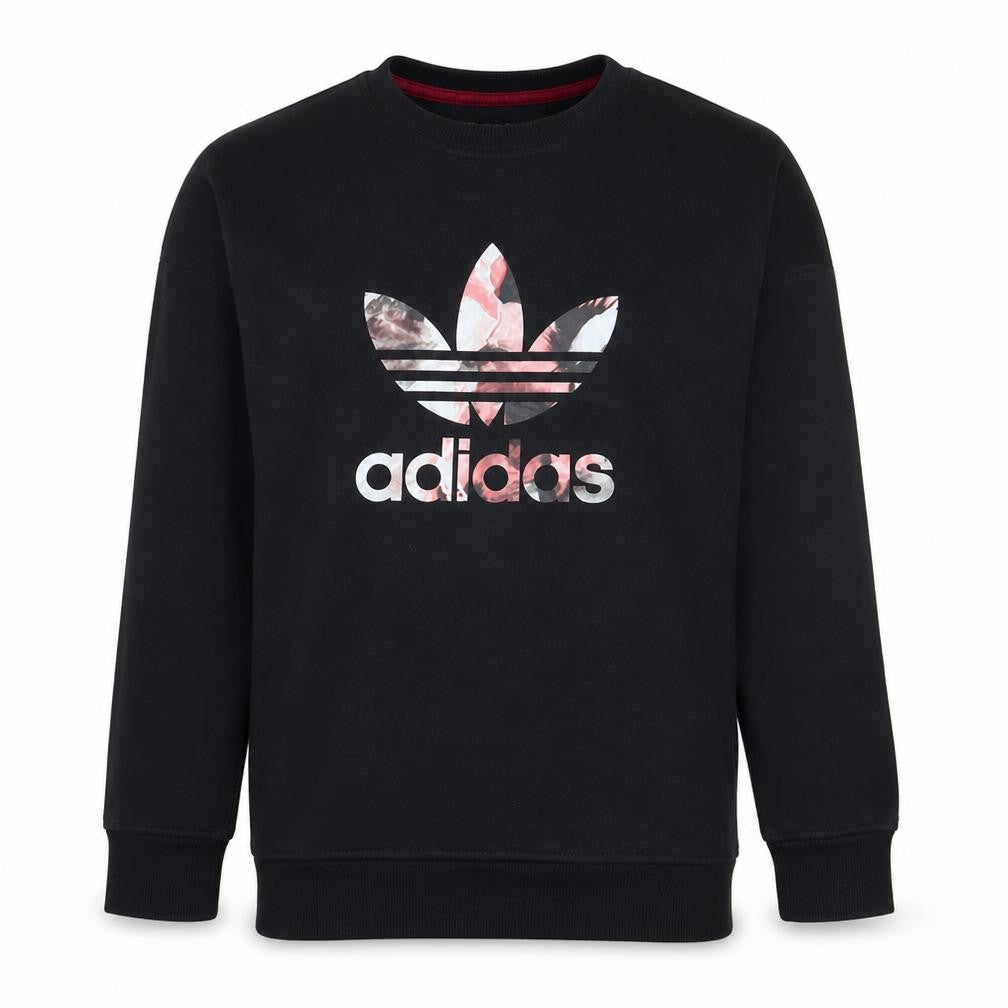 Front view of Adidas girls’ black floral logo crew neck sweatshirt xl 14-15 years