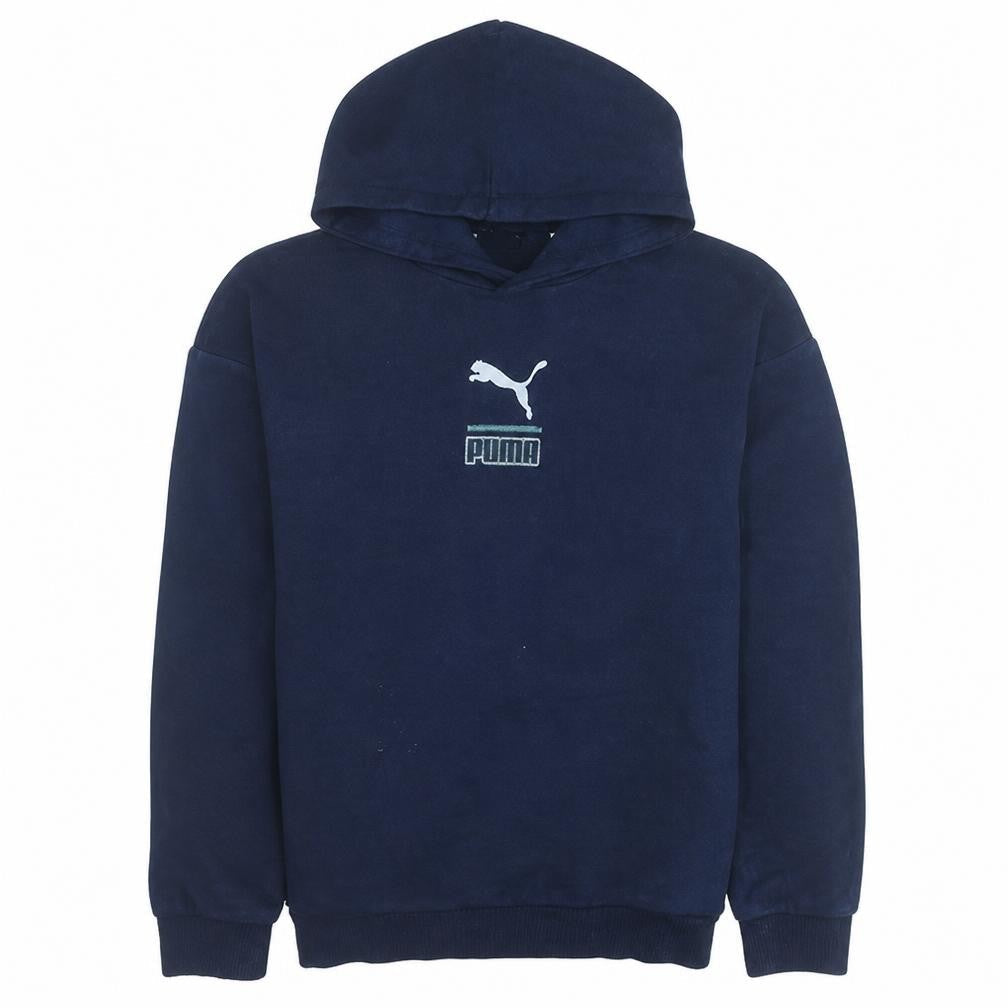 Front view of Puma boys’ blue pullover hoodie 13-14 years fleece sports logo sweatshirt