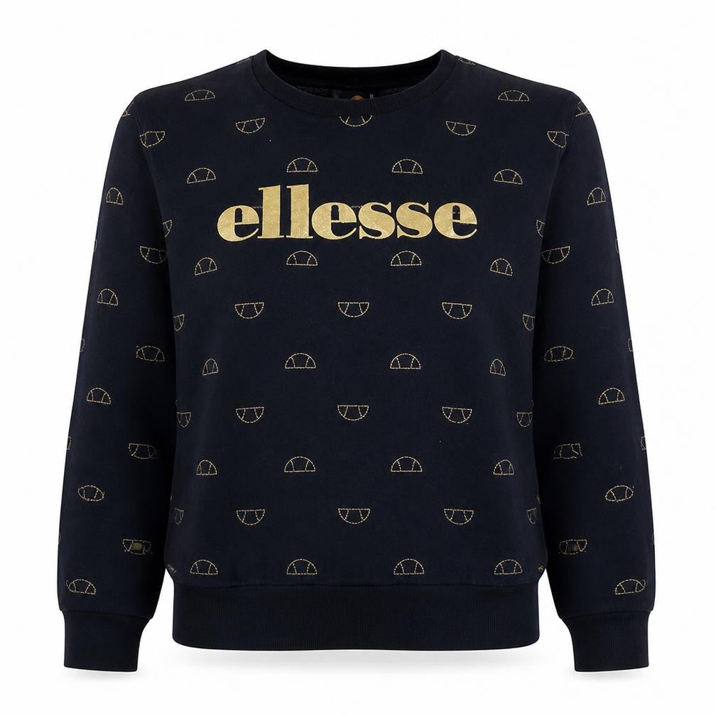 Front view of Ellesse women’s black gold logo pullover sweatshirt uk 14