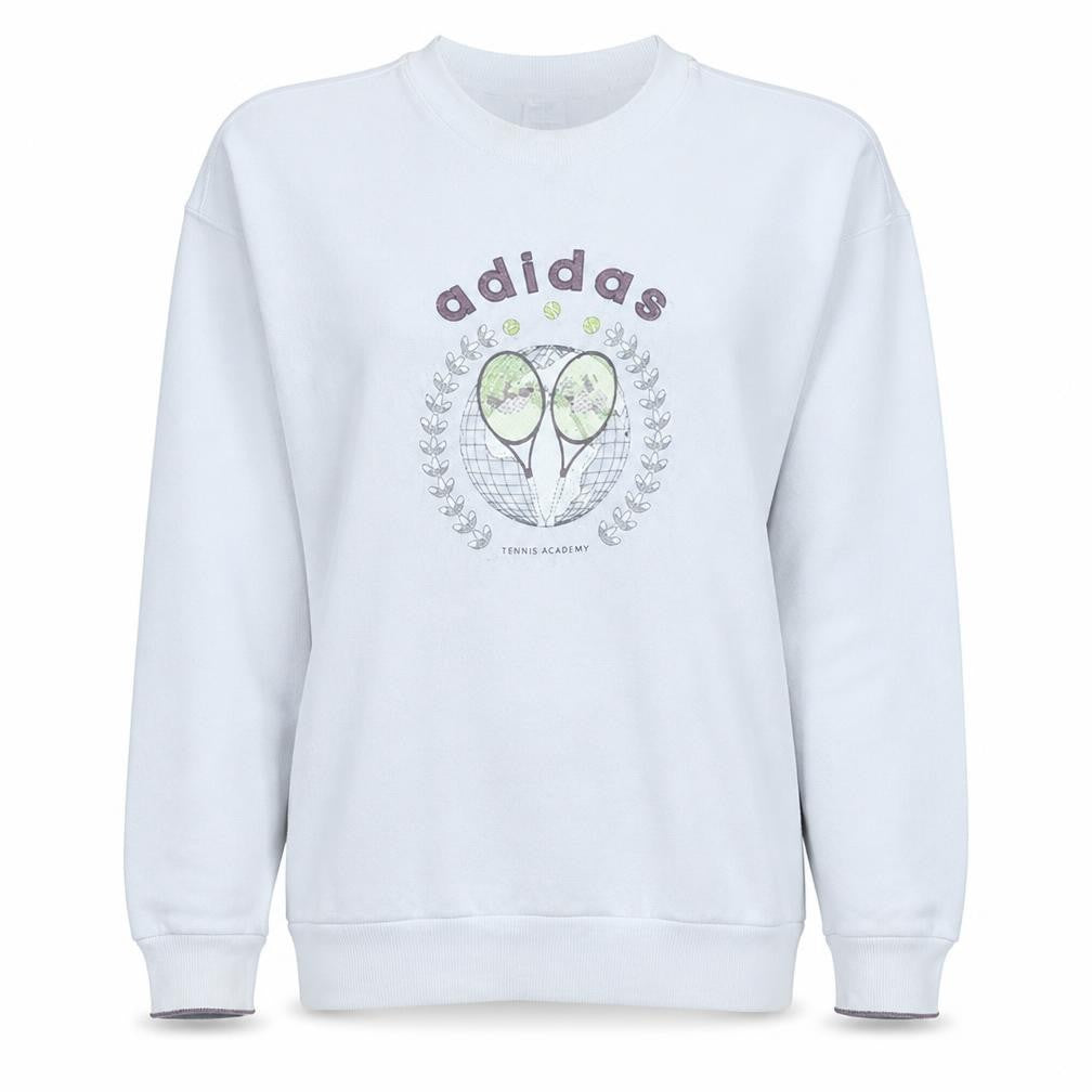 Front view of Adidas women’s white crew neck tennis academy sweatshirt, size S