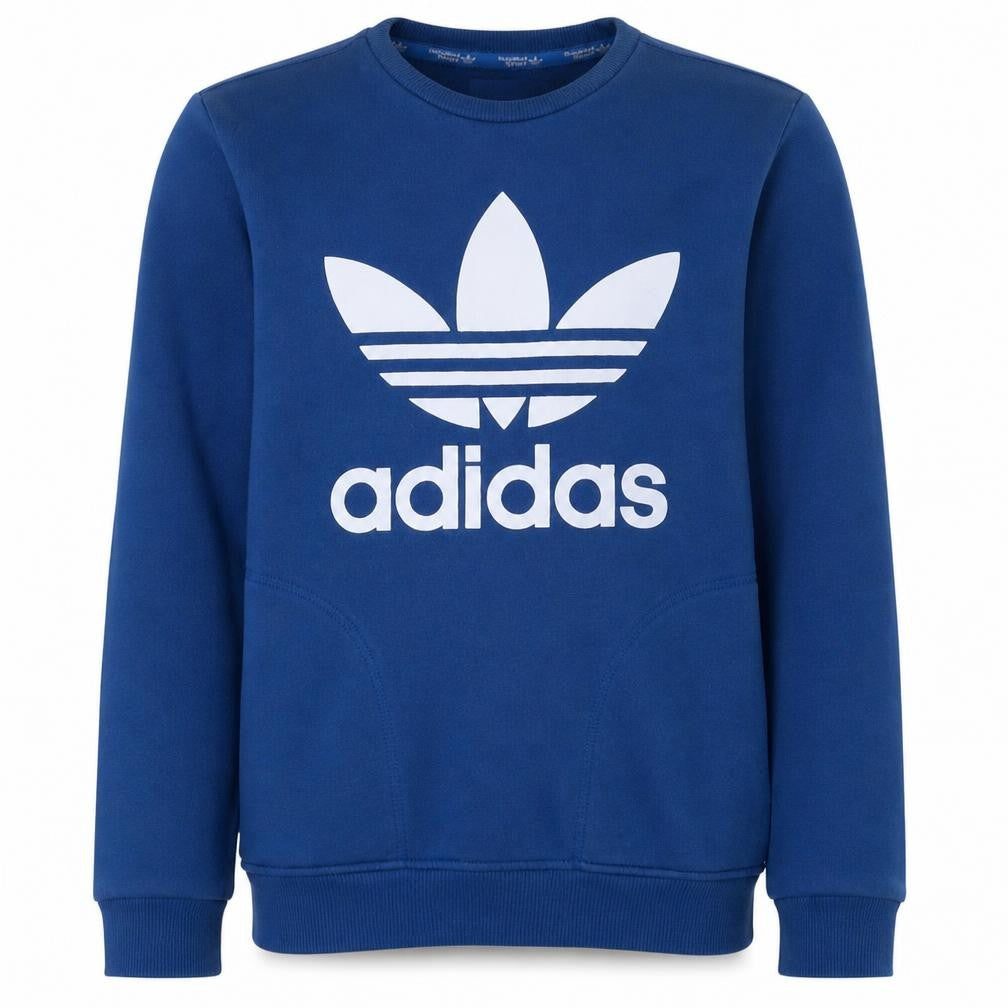 Front view of Adidas men’s blue crew neck logo pullover sweatshirt, size S