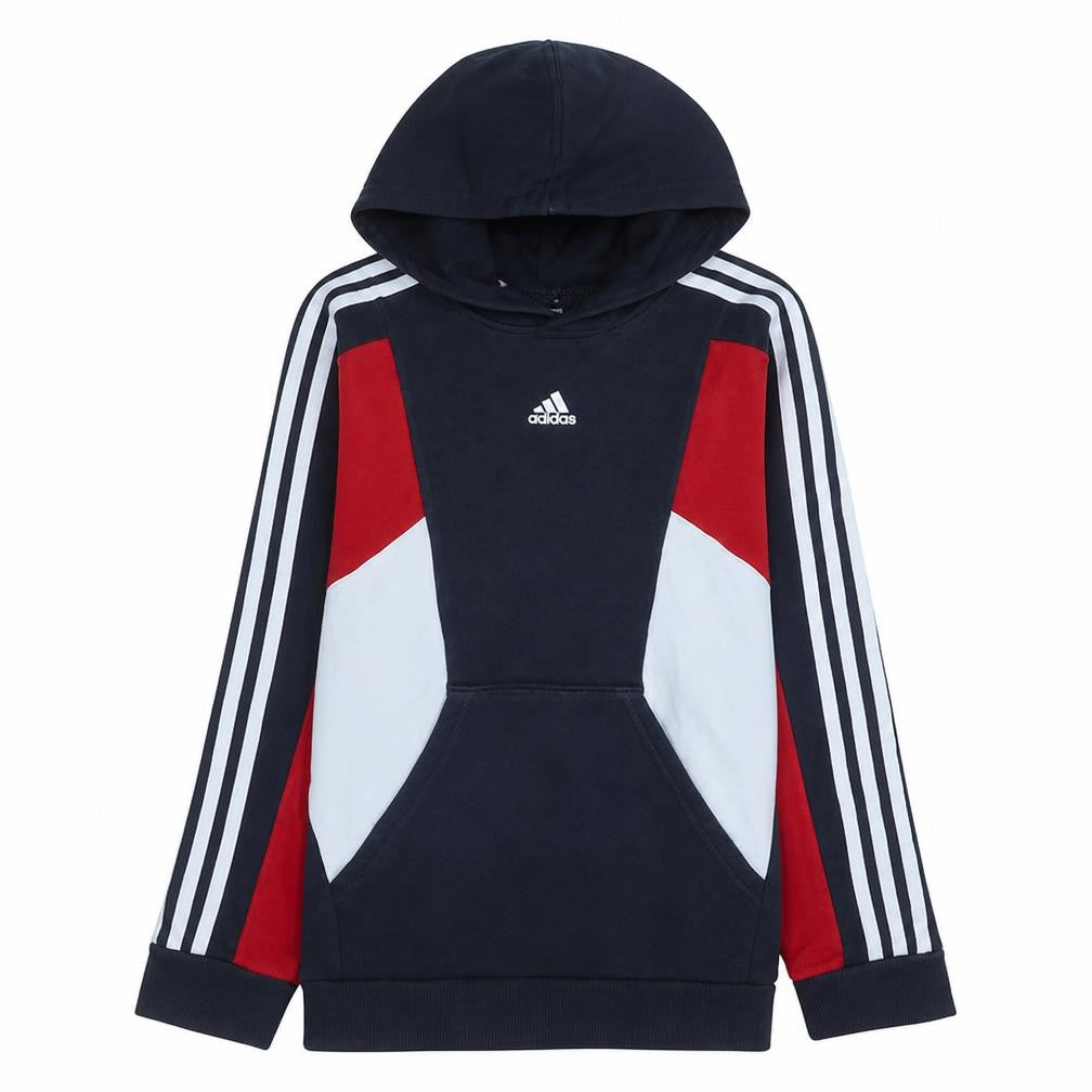 Front view of adidas boys’ blue colourblock pullover hoodie 11-12 years fleece sportswear