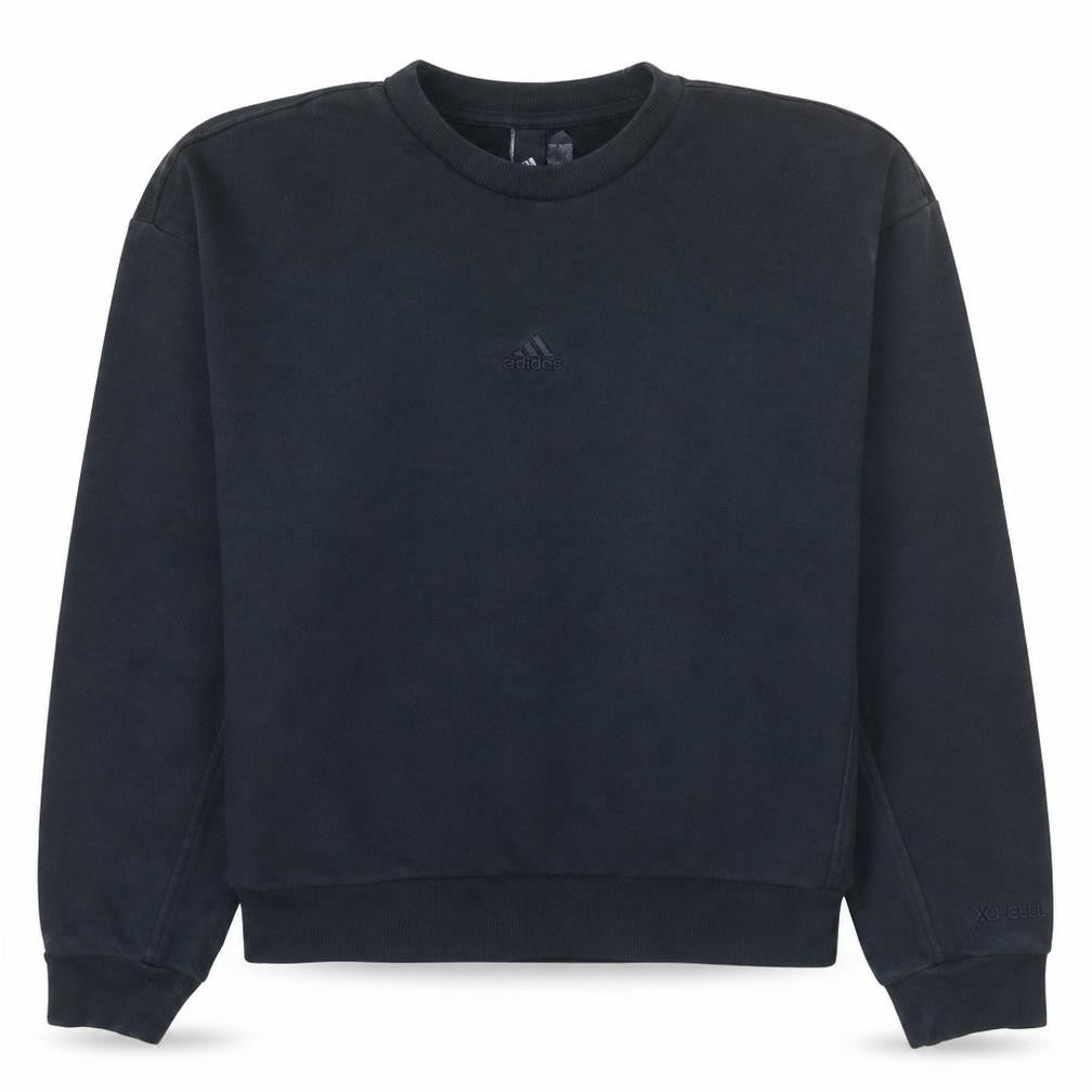 Front view of Adidas women’s black crew neck pullover sweatshirt, size M