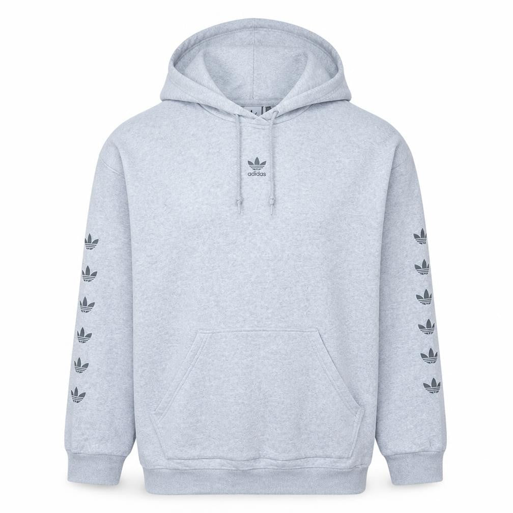 Front view of Adidas women’s grey, size UK 12, pullover hoodie with logo accents