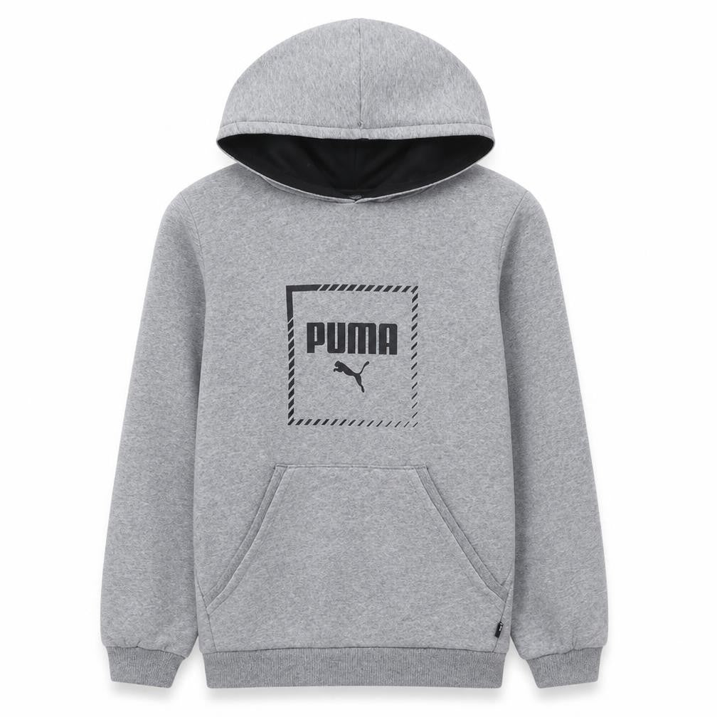 Front view of Puma boys’ grey pullover hoodie, size 15-16, years classic logo style