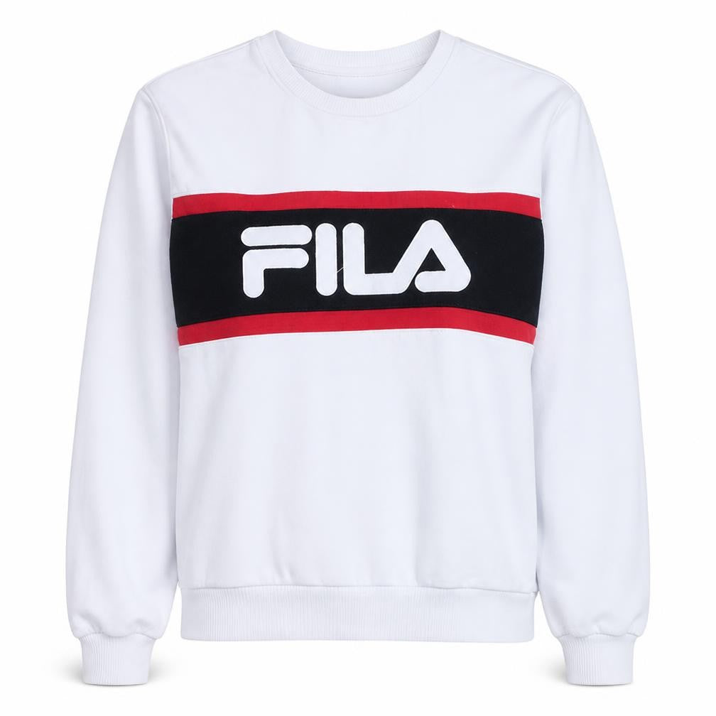 Front view of Fila women’s white crew neck pullover sweatshirt m/12 logo print