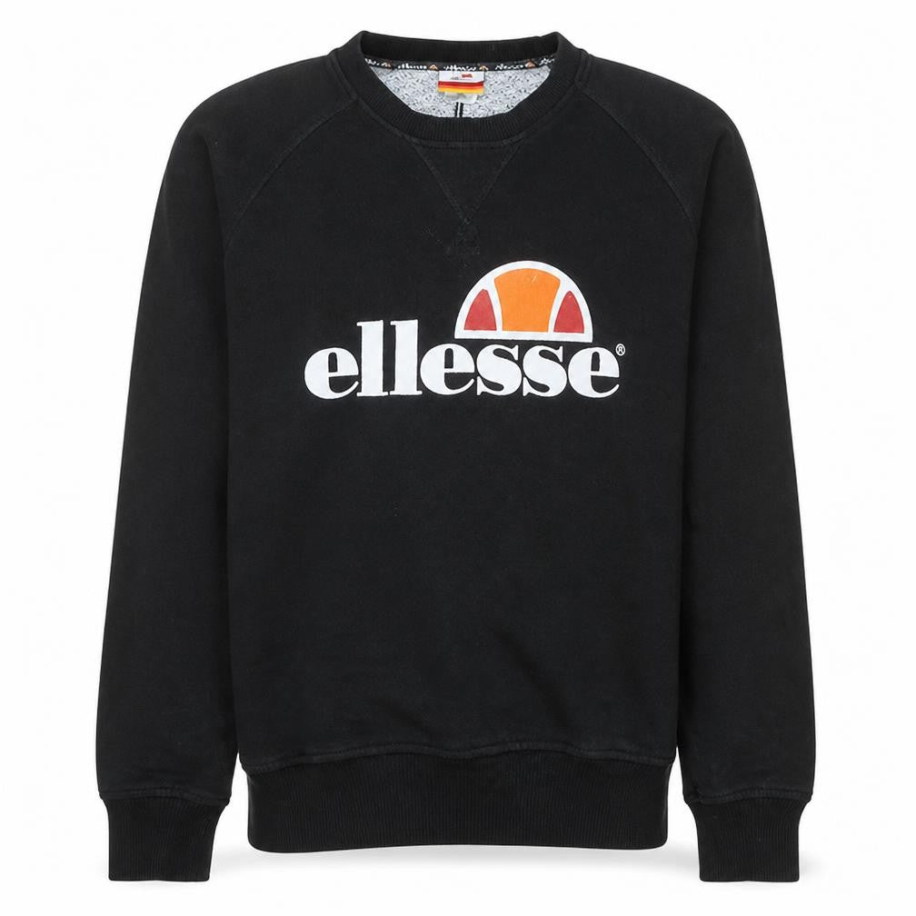Front view of Ellesse Men’s Black Crew Neck Logo Sweatshirt, size S, Regular Fit