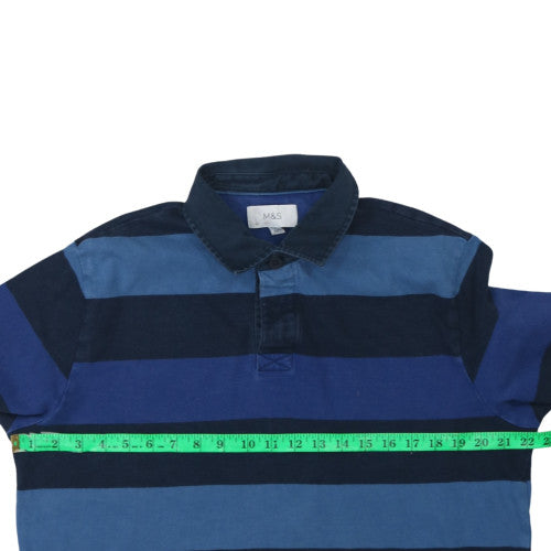 Marks and Spencer Men's Blue Striped Collared Henley Sweatshirt Size L