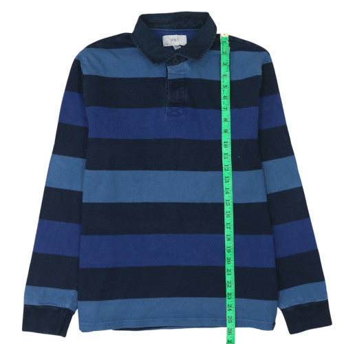 Marks and Spencer Men's Blue Striped Collared Henley Sweatshirt Size L