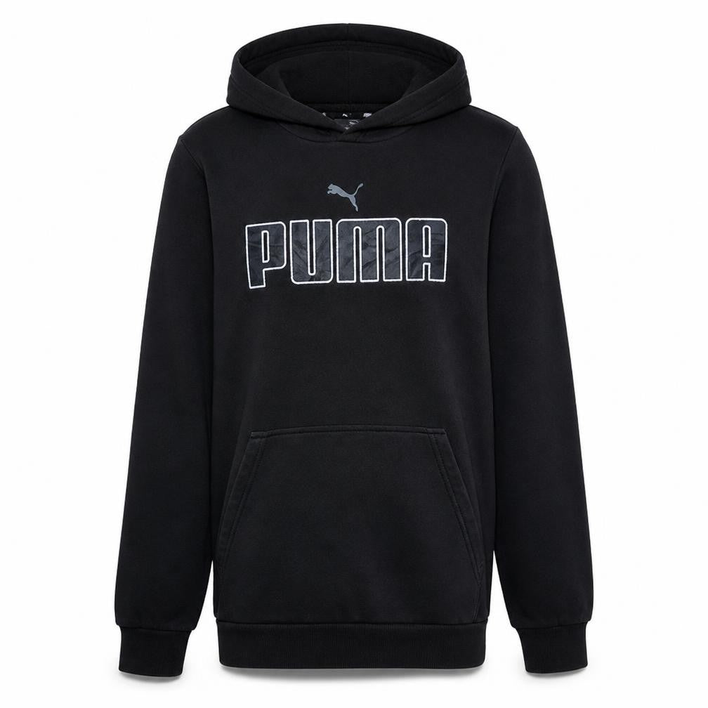 Front view of Puma Men's Black Pullover Hoodie Sweatshirt, size S, Regular Fit